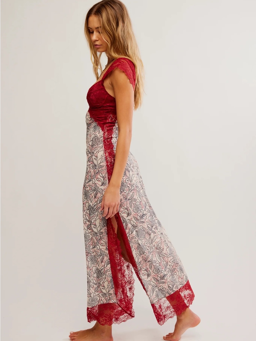 Free People Red suddenly fine Lace-Trim Floral sheer Slip Dress - Picture 8 of 9